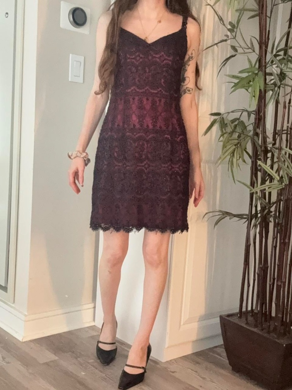 vintage cache red and black beaded lace mini dress